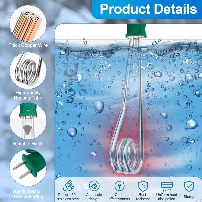 Rugam Portable Immersion Water Heater 1500W 110V Dual Voltage Portable Water Heater Electric Travel Accessories - Immersion Heater Travel Water Boiler Water Heating Rod fit for Bucket Pool Bathtub - Image 4